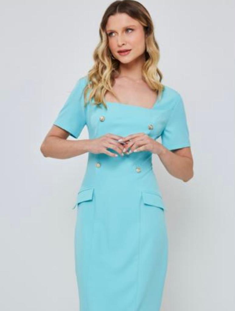 Vestido em tweed, estilo militar, da Practory Azul Turquesa